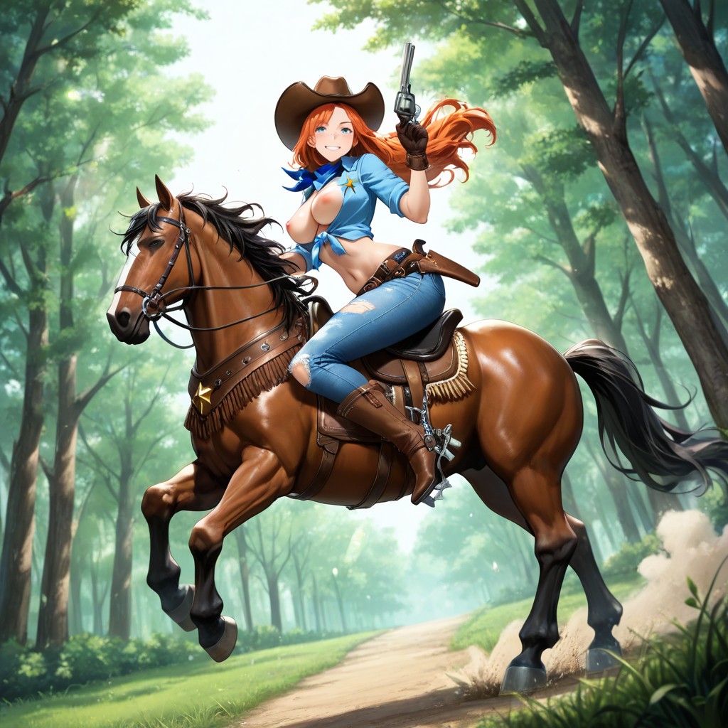 Bare Breasts Exposed, Locket On Neck, Big Sheriff Star On Chest Hentai AI Porn