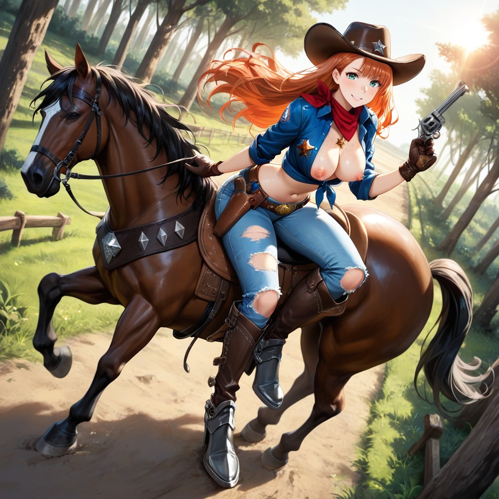 Front View, Loose Waist Slung Belt Pistol Holster Belt, Wind Blowing Hair Hentai AI Porn