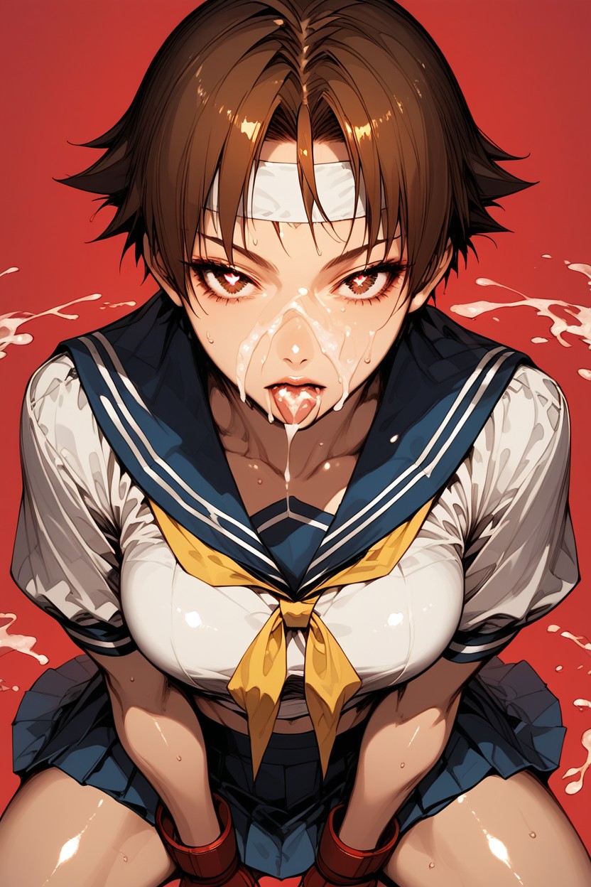 Sakura Kasugano From Street Fighter, Expressionless, Red Fingerless Gloves Hentai AI Porn