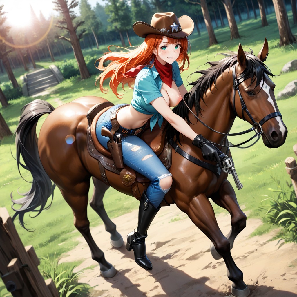 Very Fast Galloping, Front View, Holstered Revolver Pistol Hentai AI Porn
