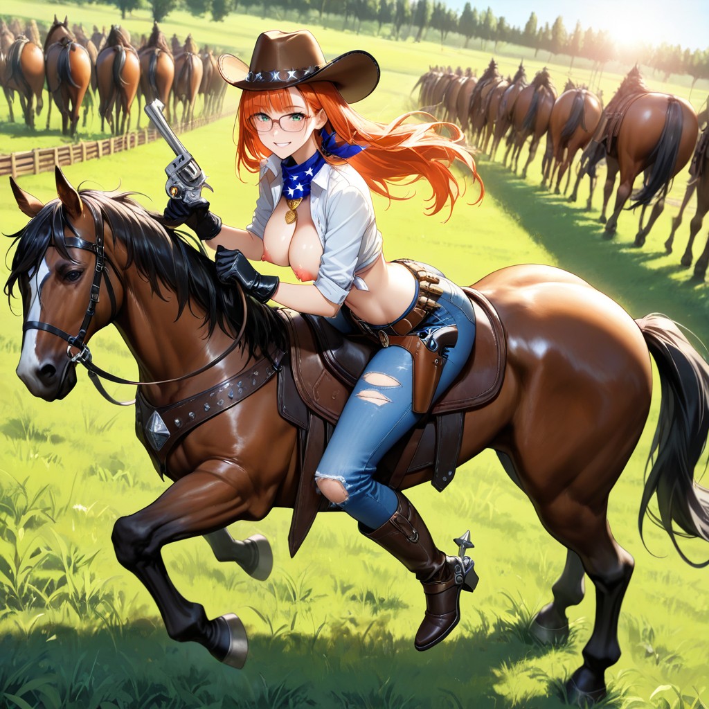 Big Sheriff Star On Chest, Riding A Large Blackhorse, Many Trees Around Hentai AI Porn
