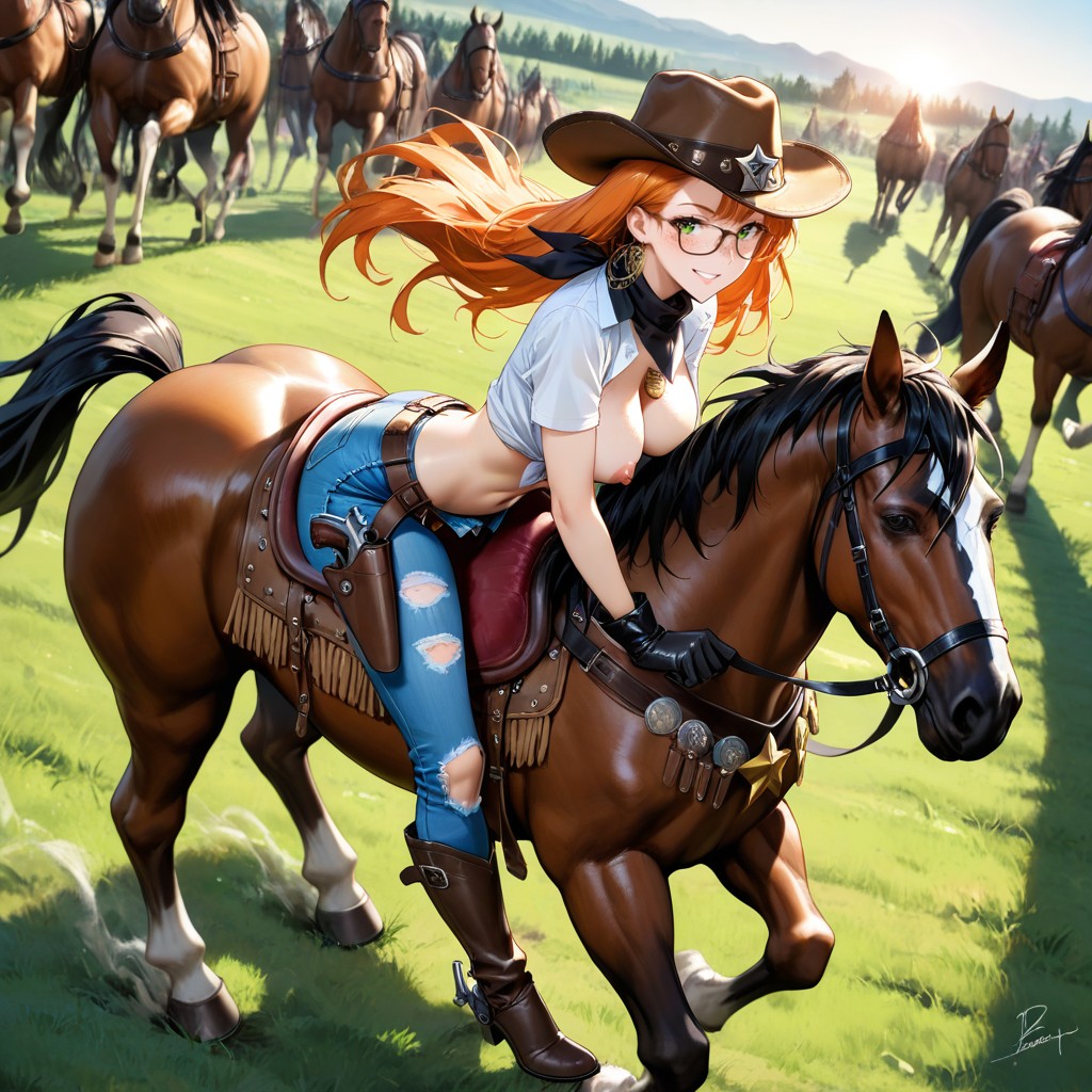 Reins On Both Hands, Bare Breasts Exposed, Side View Hentai AI Porn