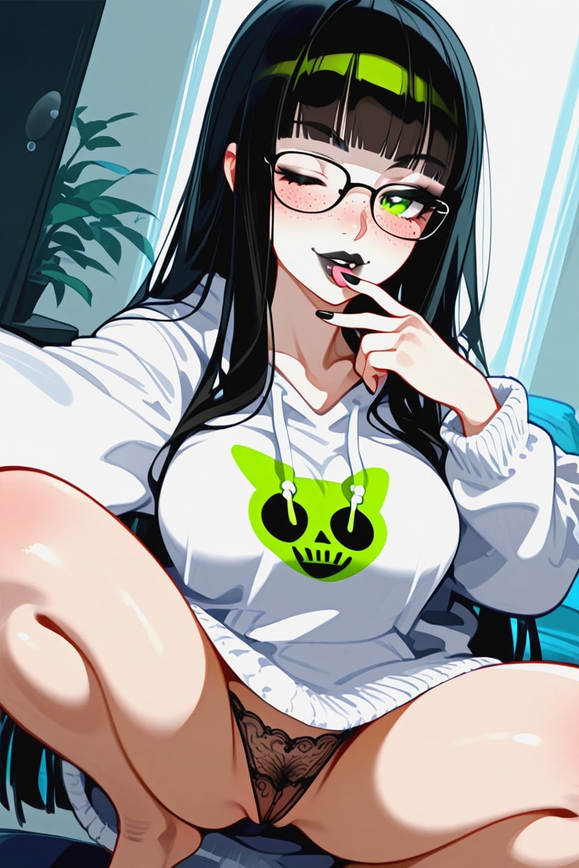 Makeup, Squatting, Loose Oversized White Hoodie Hentai AI Porn