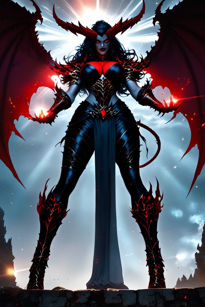 Puffy Bimbo Lips, Hdr, Elegant Black Horns And Dark Bat Like Wings With Blue Light Veins Hentai AI Porn
