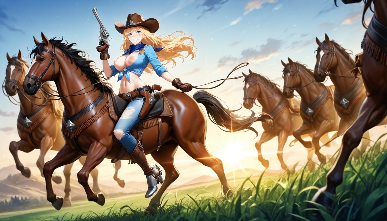 Loose Waist Slung Belt Pistol Holster Belt, Knee High Leather Boots, Cinematic Hentai AI Porn