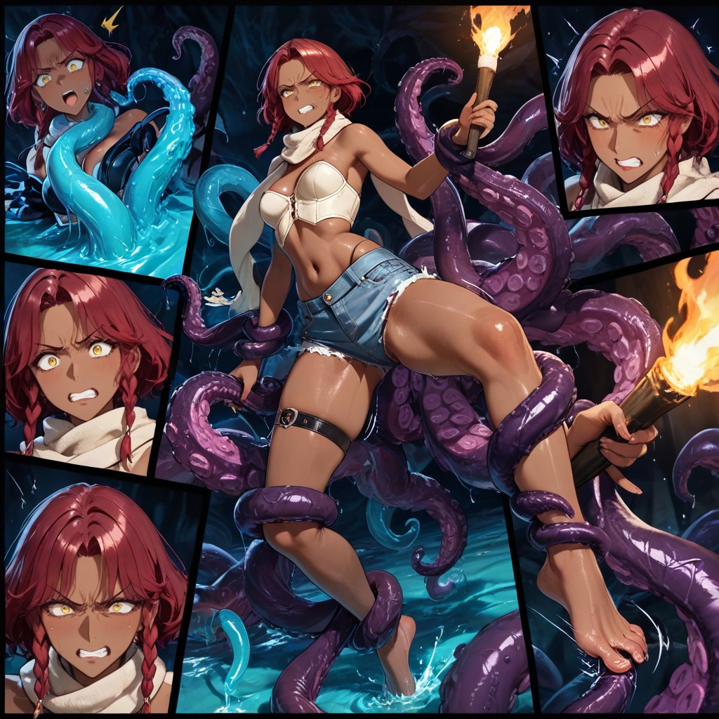 18+, Tentacles Grab Her Neck, Eye Level Haircut Side Braids Hentai AI Porn