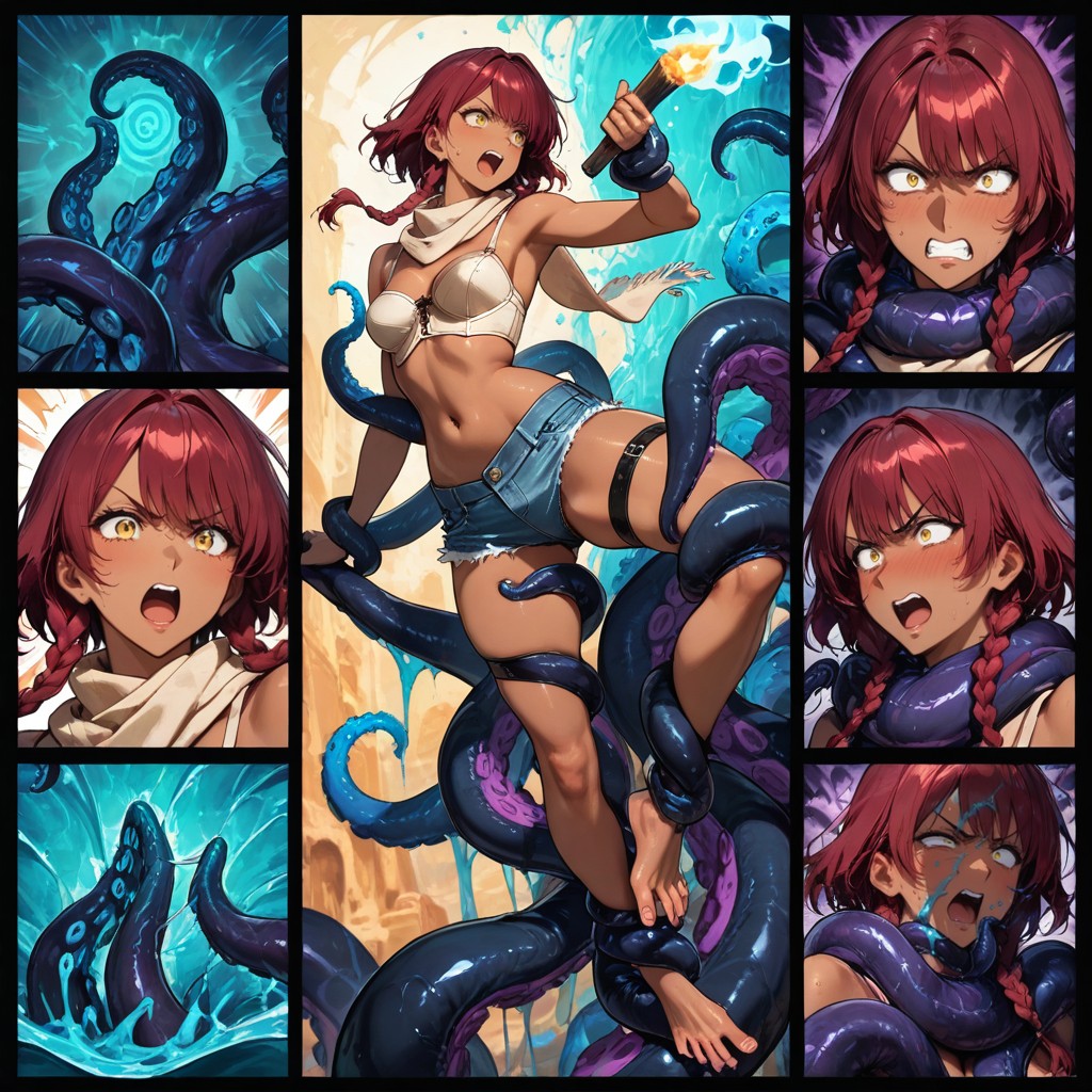 Cross Eyed, Yellow Eyes, Flood Of Countless Colossal Aqua Blue Liquid Tentacles Hentai AI Porn