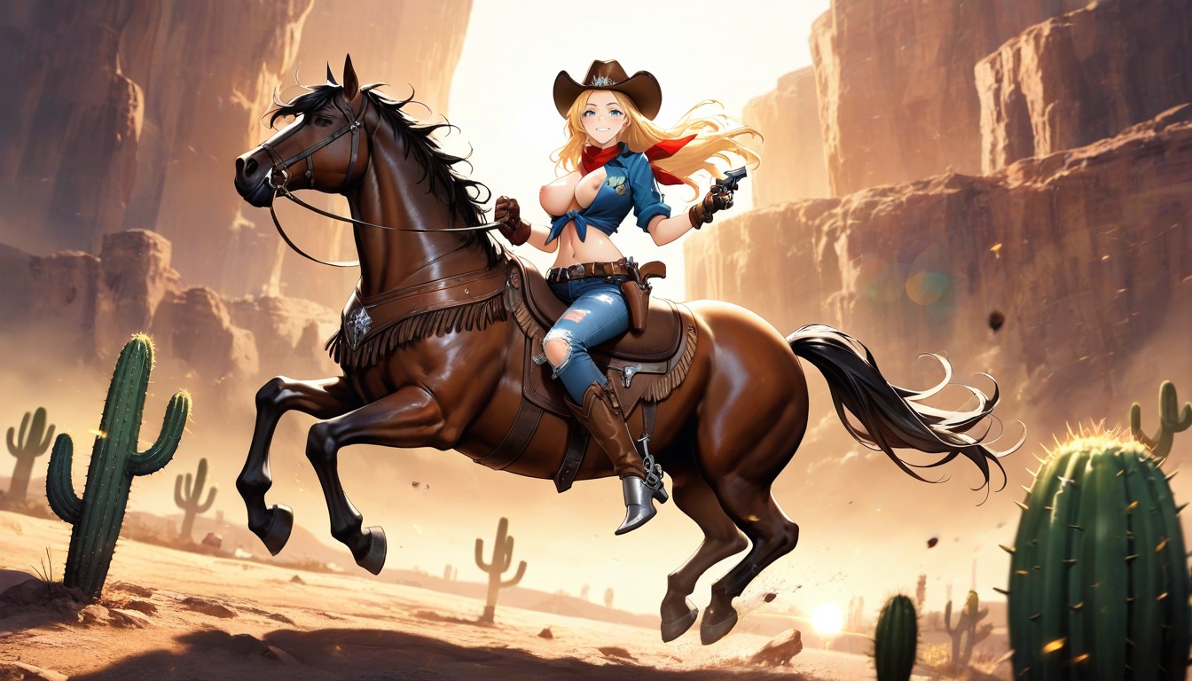 Wrist Length Leather Gloves, Metal Spurs On Boots, Detailed Hentai AI Porn