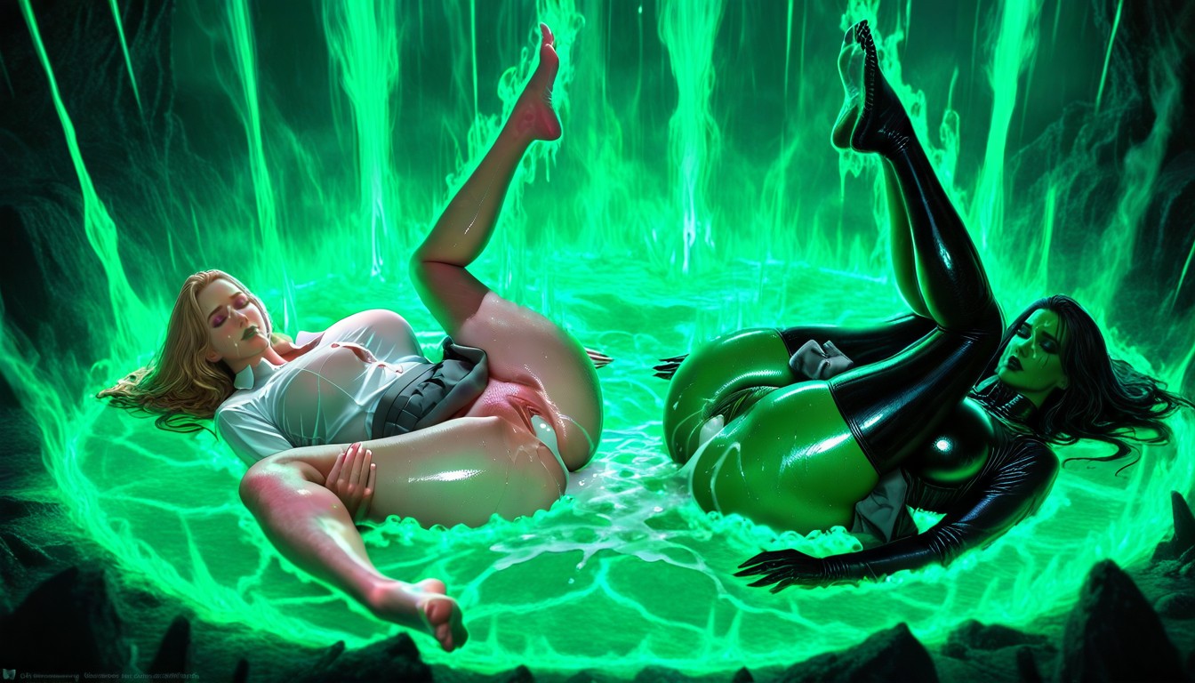 Filled With Green Demonic Energy, Plated Dark Grey Skirt, Zoom Out Image AI Porn