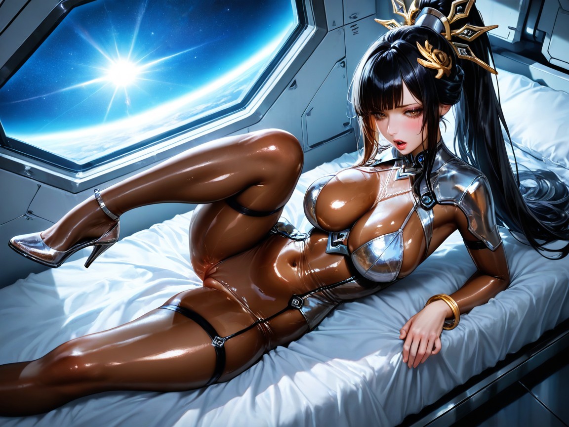Glossy Lips, Full Brown Bodysuit With Seethrough Panels, Masterwork Hentai AI Porn