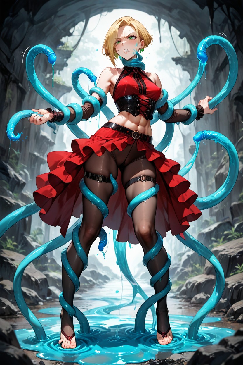Green Eyes, Erect Nipples Tentacles Under Outfit, Sleeveless Hentai AI Porn