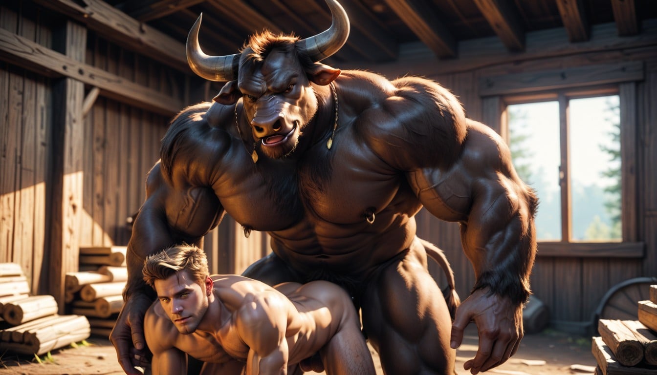 Minotaur Large Back And Large Chest Muscles, 18+, Minotaur Black Fur And Hair AI Gay Porn