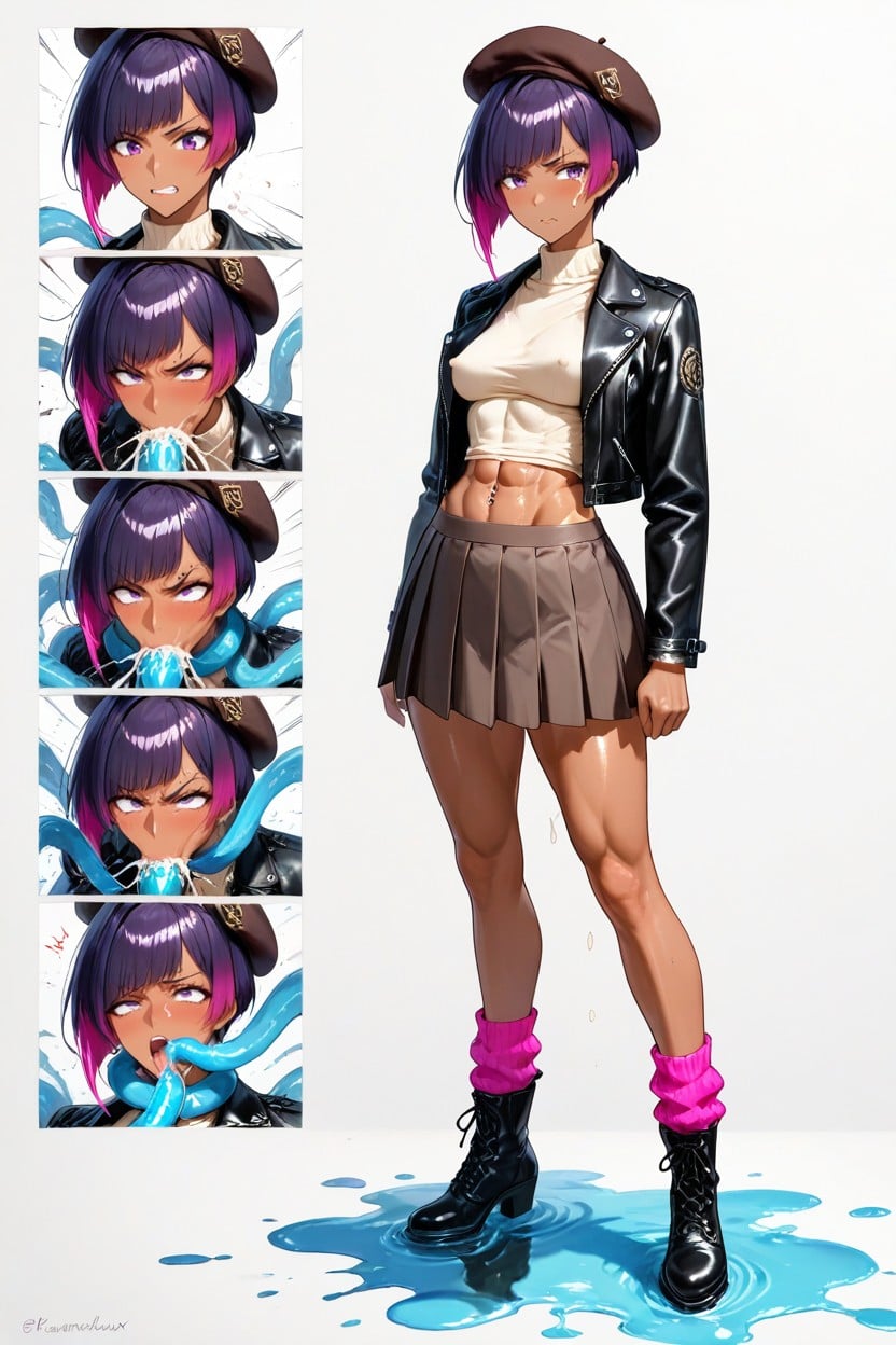 Abs, Black Opened Leather Jacket, Violet Dark Bob Pixie Haircut Hentai AI Porn