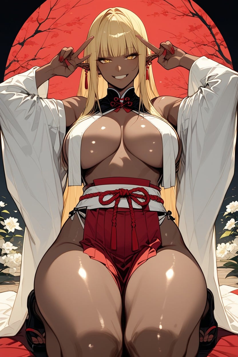 Red Hakama Skirt, Very Long Ponytail, Excited Hentai AI Porn