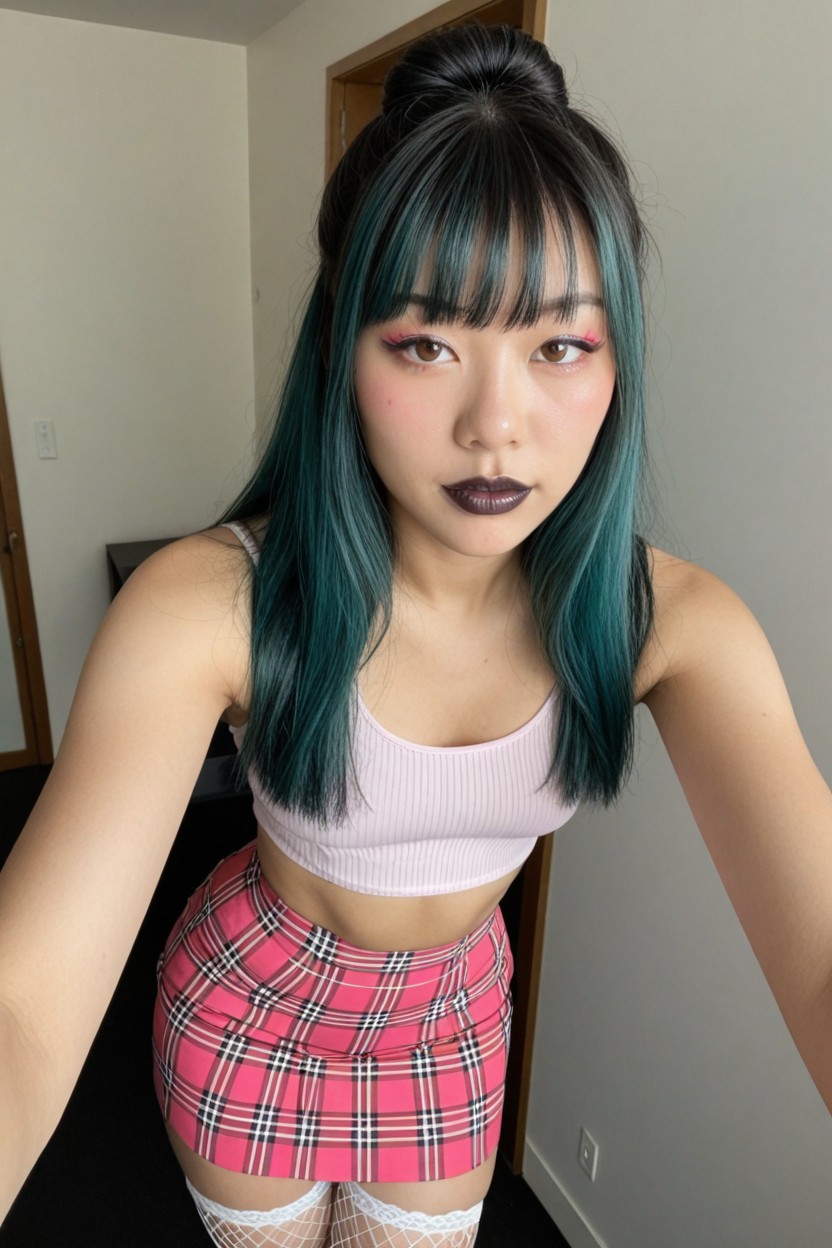 Extra Highly Detailed In Eyes, Black Lipstick, Dark Teal Hair Color AI Porn