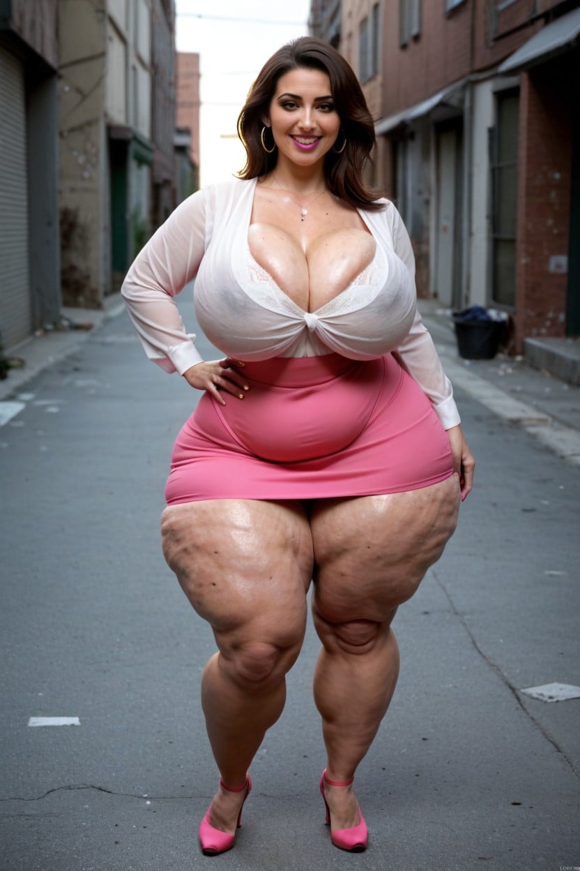Pink Pencil Skirt, Oiled Skin, Freckled Breasts AI Porn