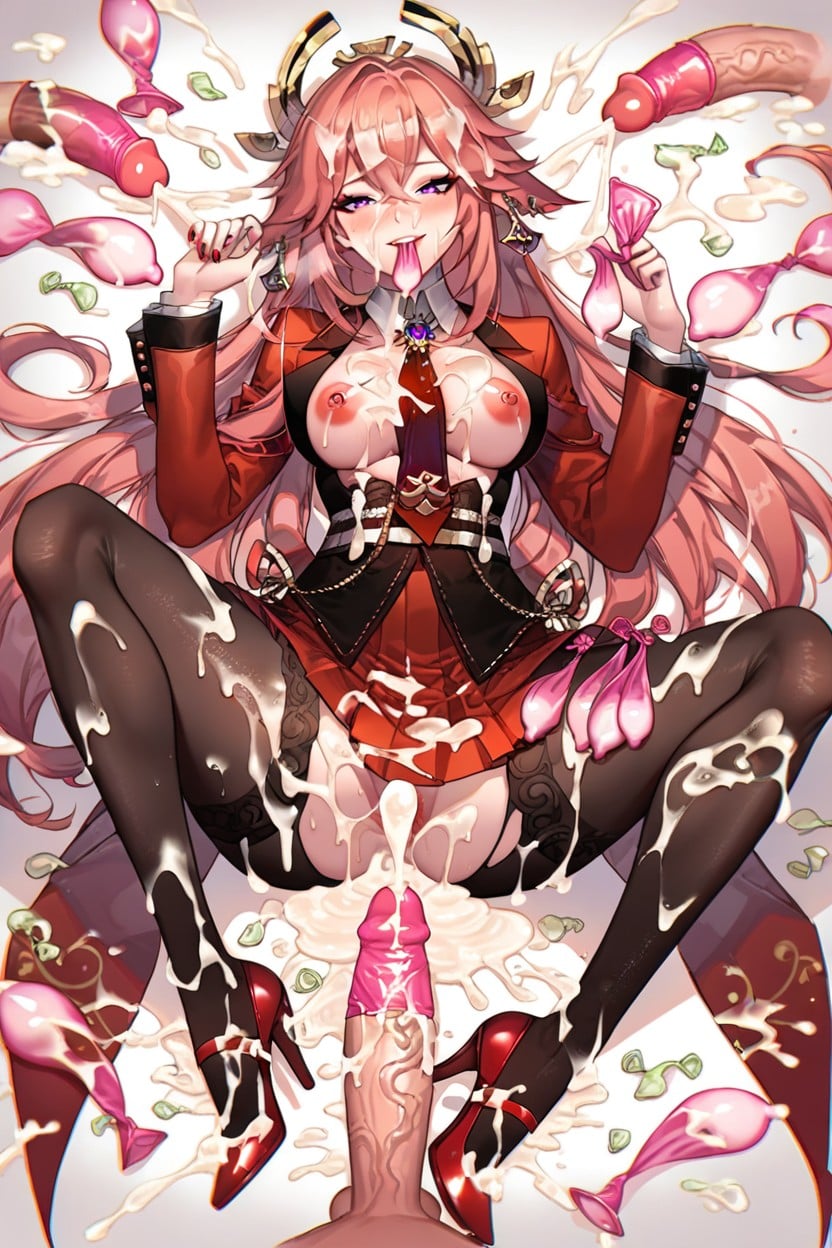 A Big Cock Underfoot, Pink Hair, Wearing Condom Hentai AI Porn