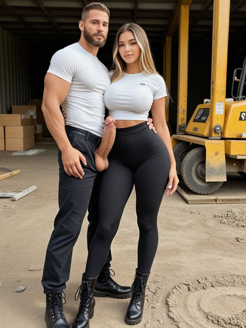 Shirt Tucked Into Pants, Feminine, Giant Man Standing Next To Her AI Porn