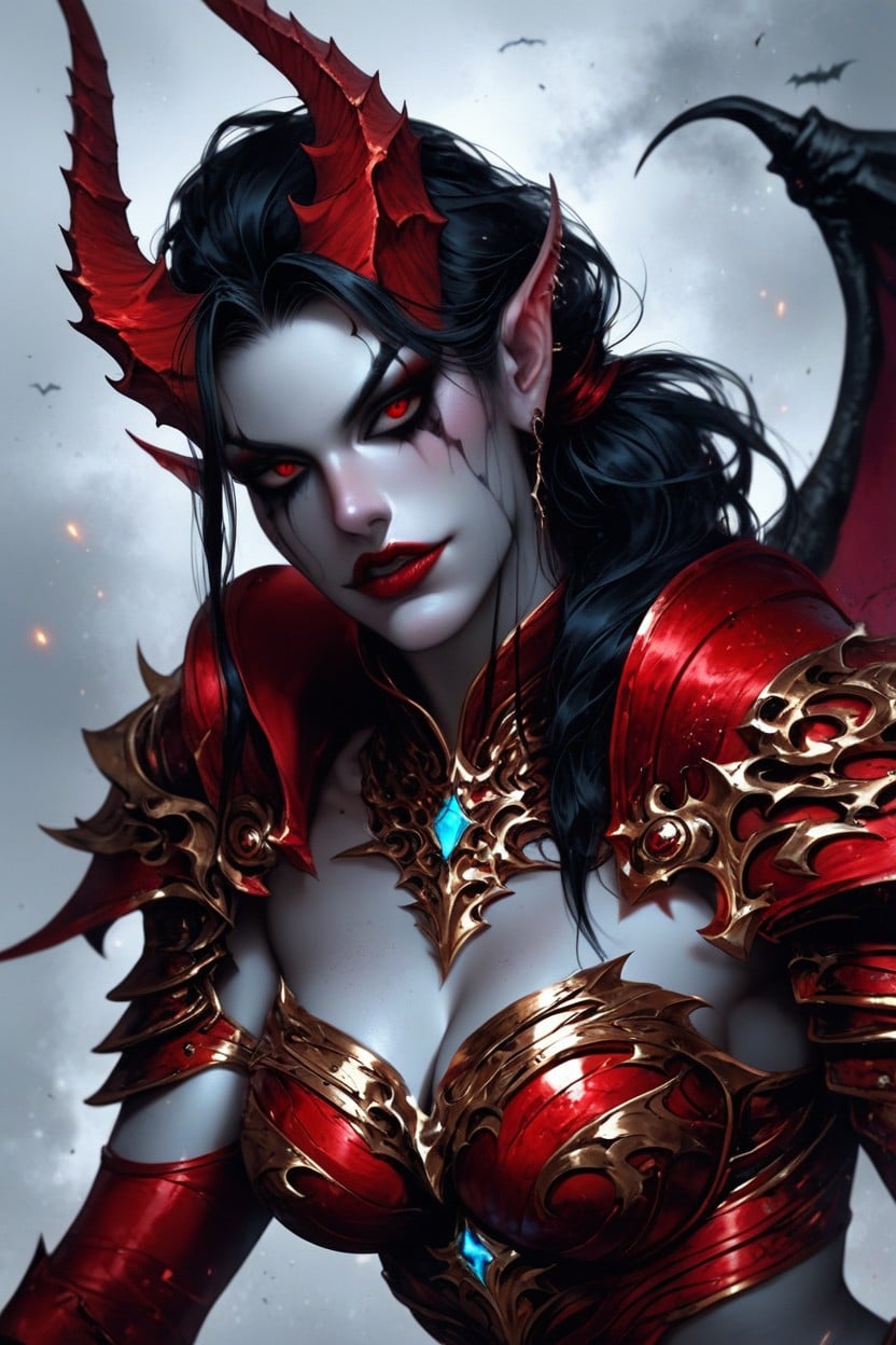 Low Ponytail, Smooth Curved Elegant Bone Colored Horns, Gothic Beauty Hentai AI Porn