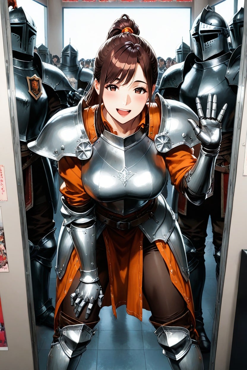 Computers On Show Booths, Hand Victory Sign Near Face, Long Brown Hair Hentai AI Porn