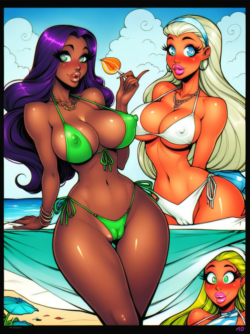 Skinny, Long Erect Nipples, At Beach AI Porn