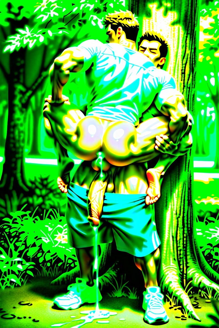 Blue Shorts Pulled Down, Against A Tree Trunk, Rear View AI Gay Porn
