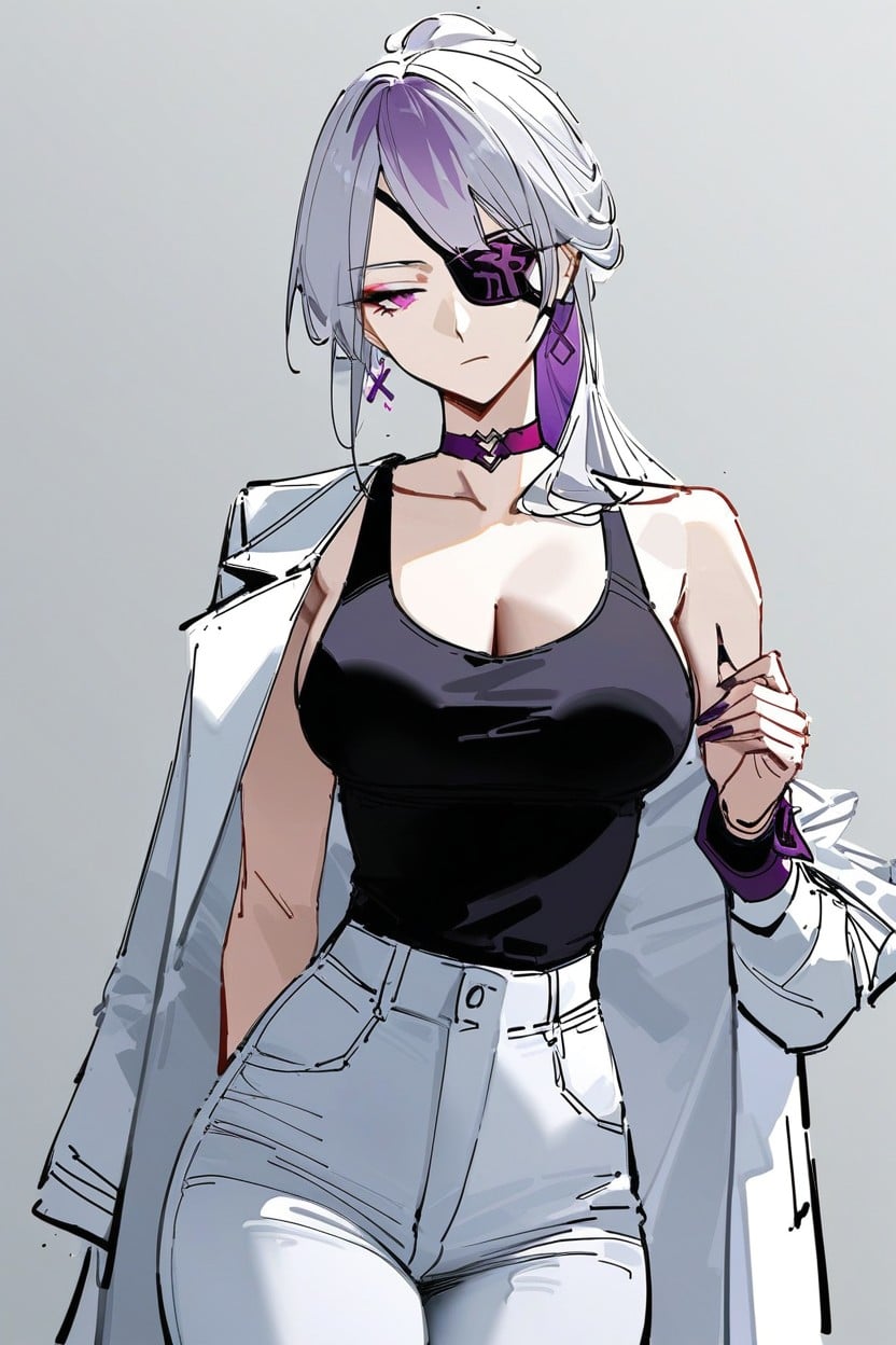 Purple Choker, White Jeans, Elegant Ornament Coat Porno IA
