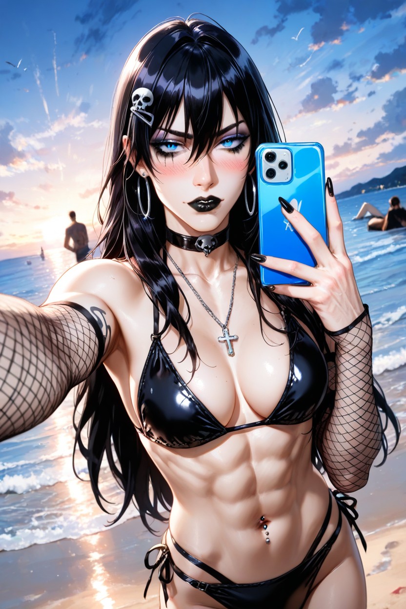 Blue And Black Striped Bikini, Black Mascara, Beach AI Gay Porn