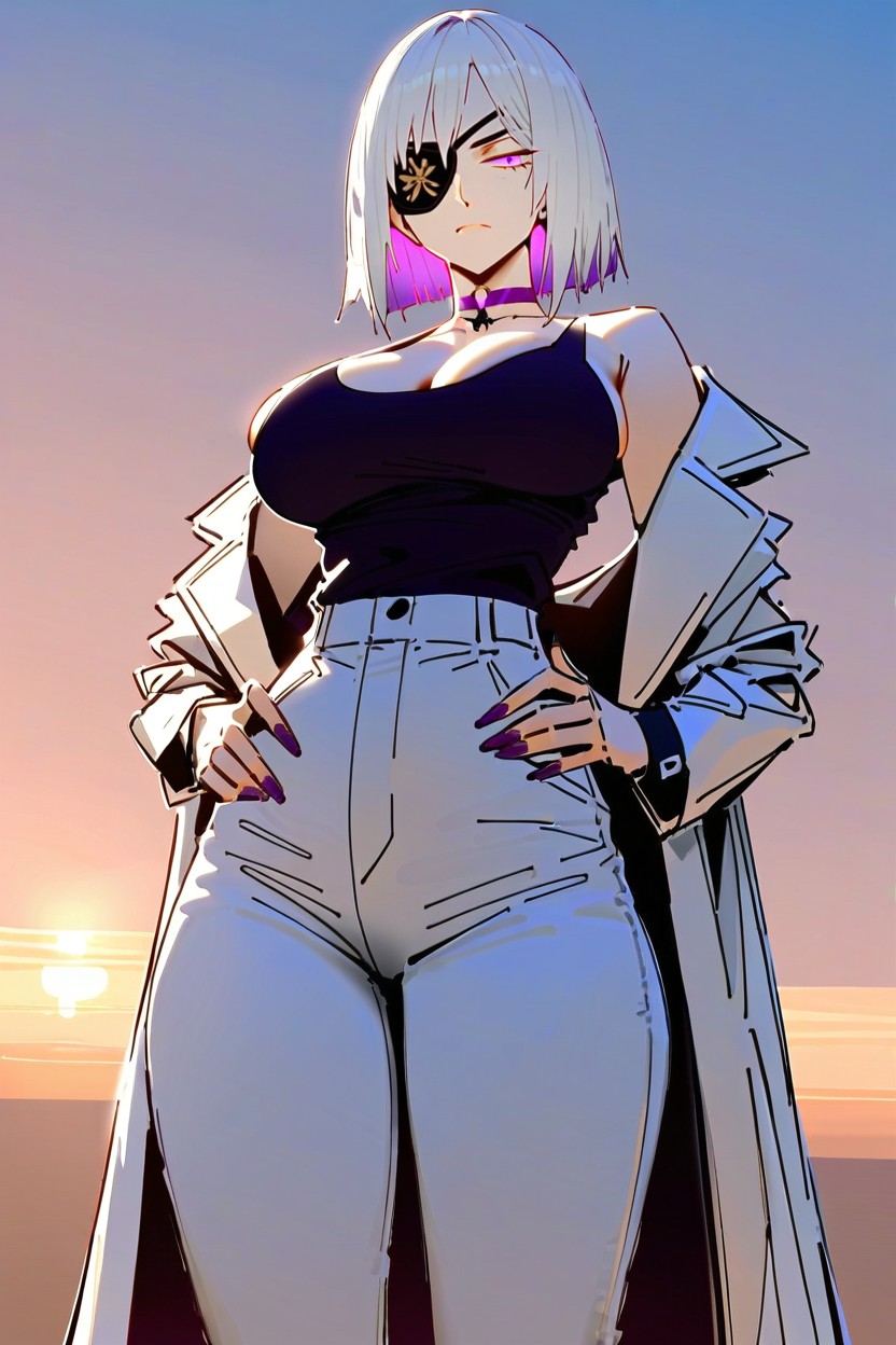 Quite Formal And Extravagant Outfit, Purple Choker, Multi Colored Hair AI Porn