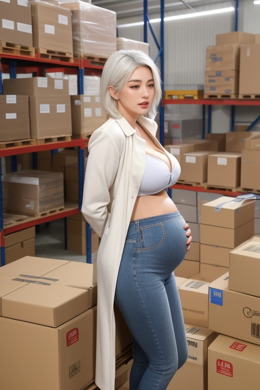 Bending Over Her Body To Viewer In Warehouse, Chinese Idol, Abs Muscle Asian AI Porn