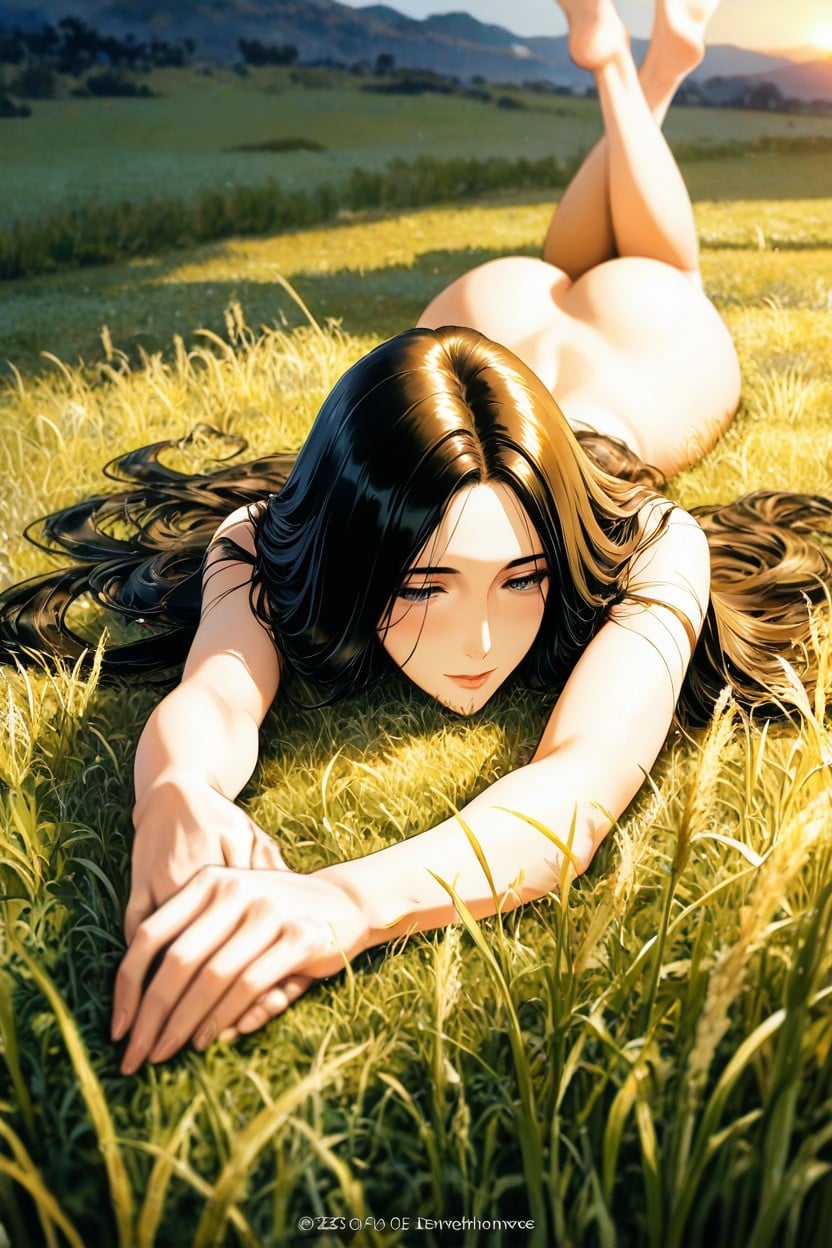 Her Hair Cascading Around Her Shoulders Fully Naked, Green Field, The Lighting Is Soft Hentai AI Porn