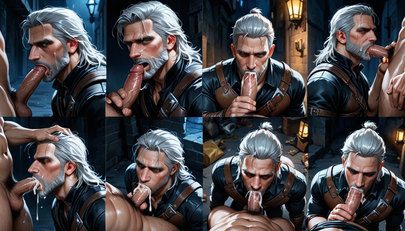 Swallows Cum, Witcher Leather Armor, White Hair AI Gay Porn