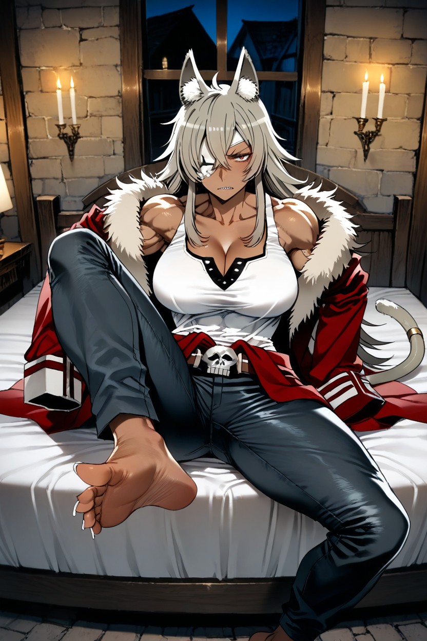 Long White Sharp Nails, Sitting On Bed, Very Muscular Body Porno IA Hentai