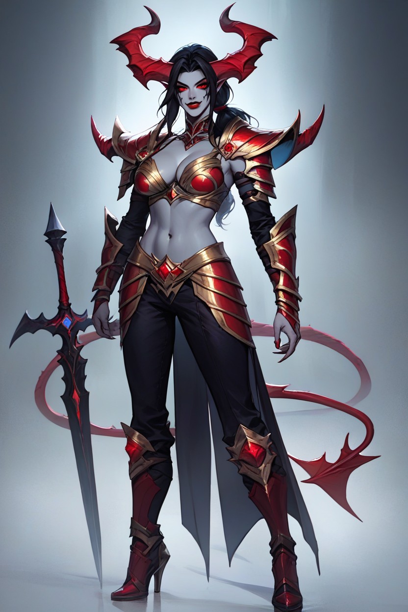 Human Ears, Demon Tail, Smooth Curved Elegant Bone Colored Horns Hentai AI Porn
