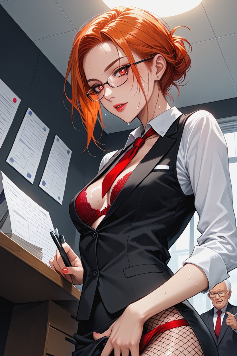 Fishnet Tights, Red Tie, Side View Porno IA Hentai