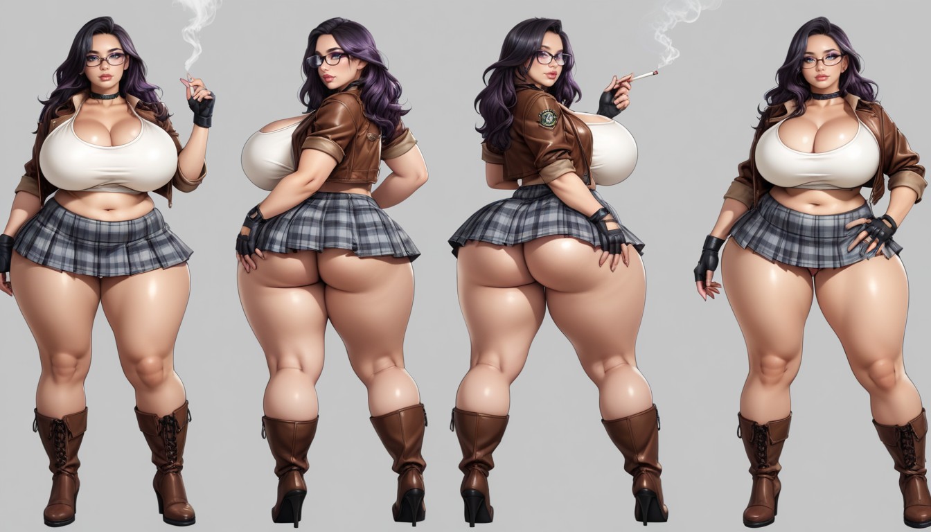 Arched Back, Black Knee Boots With Block Heels, Cleavage BBW AI Porn