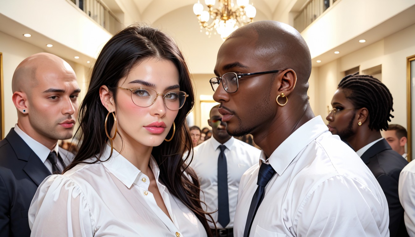 Glasses Over Eyes, Shiny Hair, Man Looking At Woman Porno IA