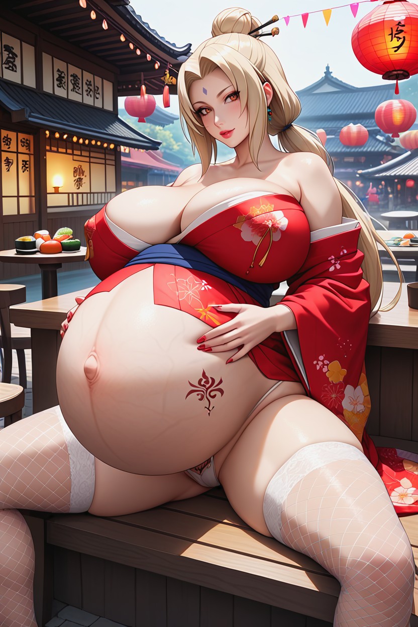Extremely Heavily Pregnant, Kimono Skirt, Gigantic Fake Bimbo Tits Hentai IA
