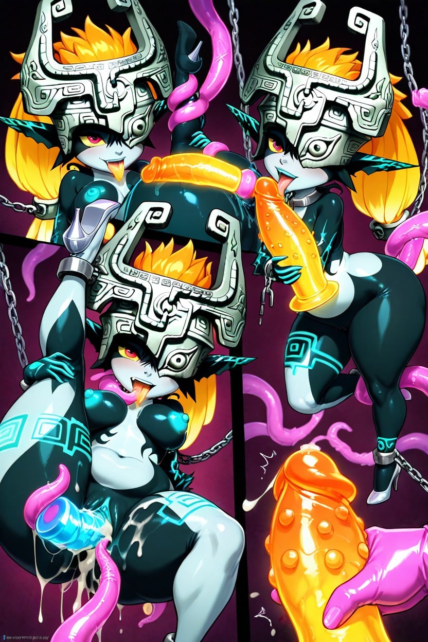 Silver Metal Stiletto Highheels, Glowing Orange Dildo, Chained To Wall Hentai AI Porn