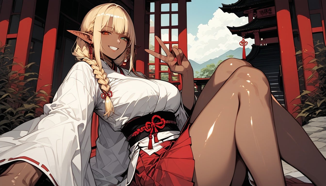 Smug Expression, Sitting On The Stairs, Knee-length Red Hakama Skirt Hentai AI Porn