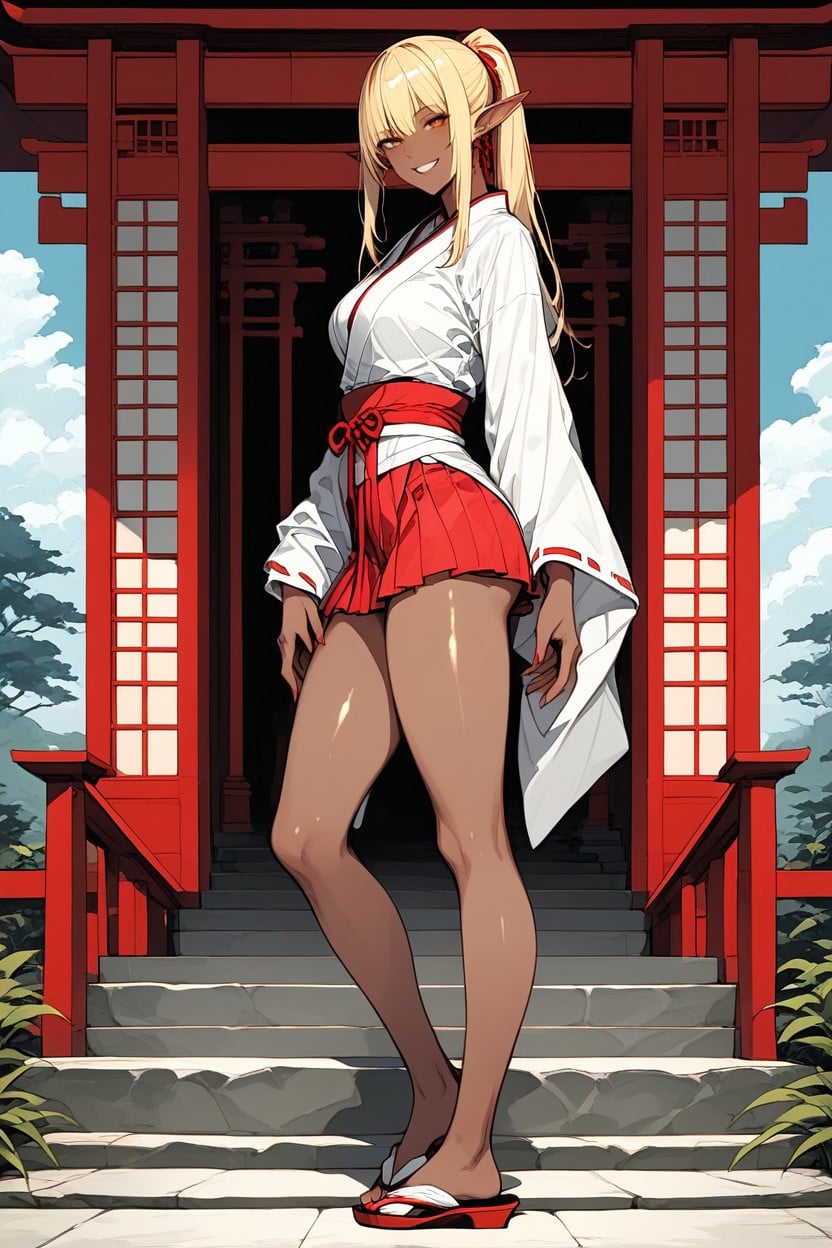 Full-length Red Hakama Skirt, White Obi Belt, Peau Brun Foncé Porno IA Hentai