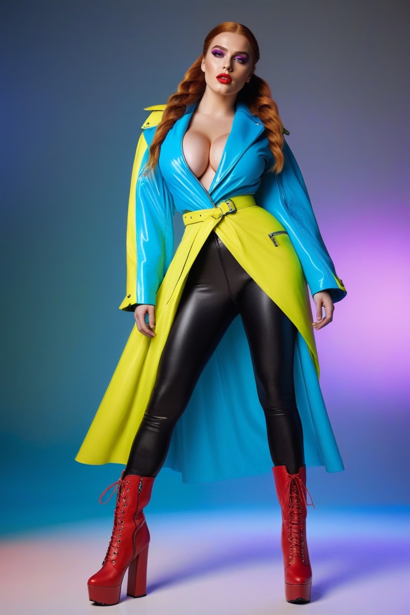 Red Knee-high Platform Boots, Full Body, Jacket Lapels Flowing AI Porn