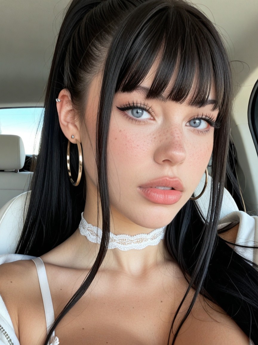 Hyper Long Hair, Blunt Bangs, High Resolution Image Mirror Selfie Close Up Of Face AI Porn