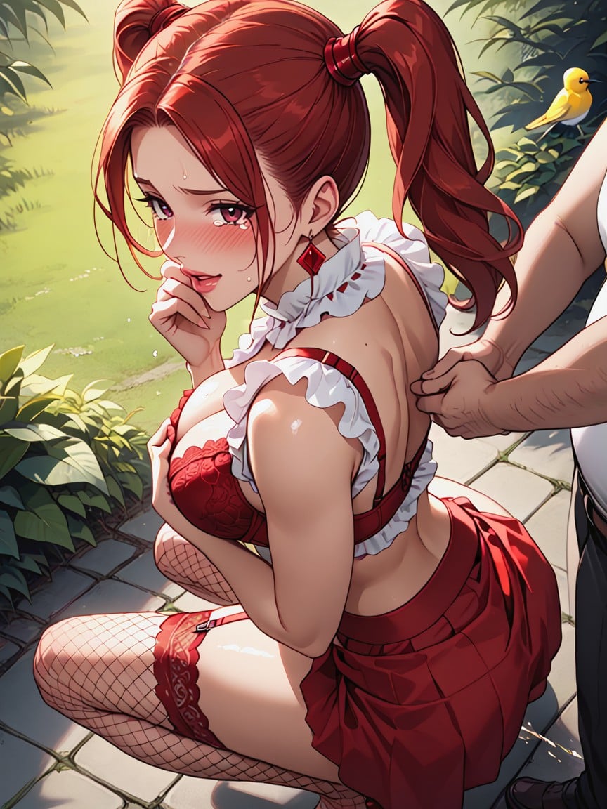 Embarrassed , Horny, Red Fishnet Stockings Hentai AI Porn