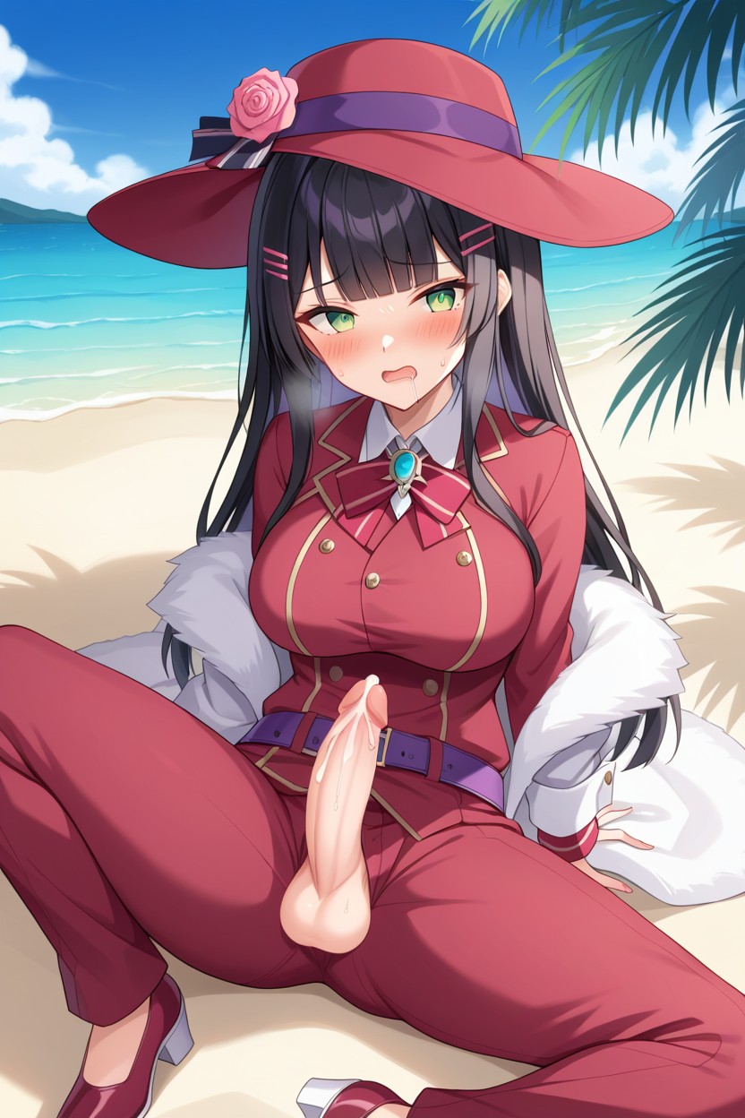 Magenta Pantsuit, All Futanari; Exposed Penis; Very Ashamed; Very Embarassed; Intense Blush; Sweat, Red Cuffs AI Porn