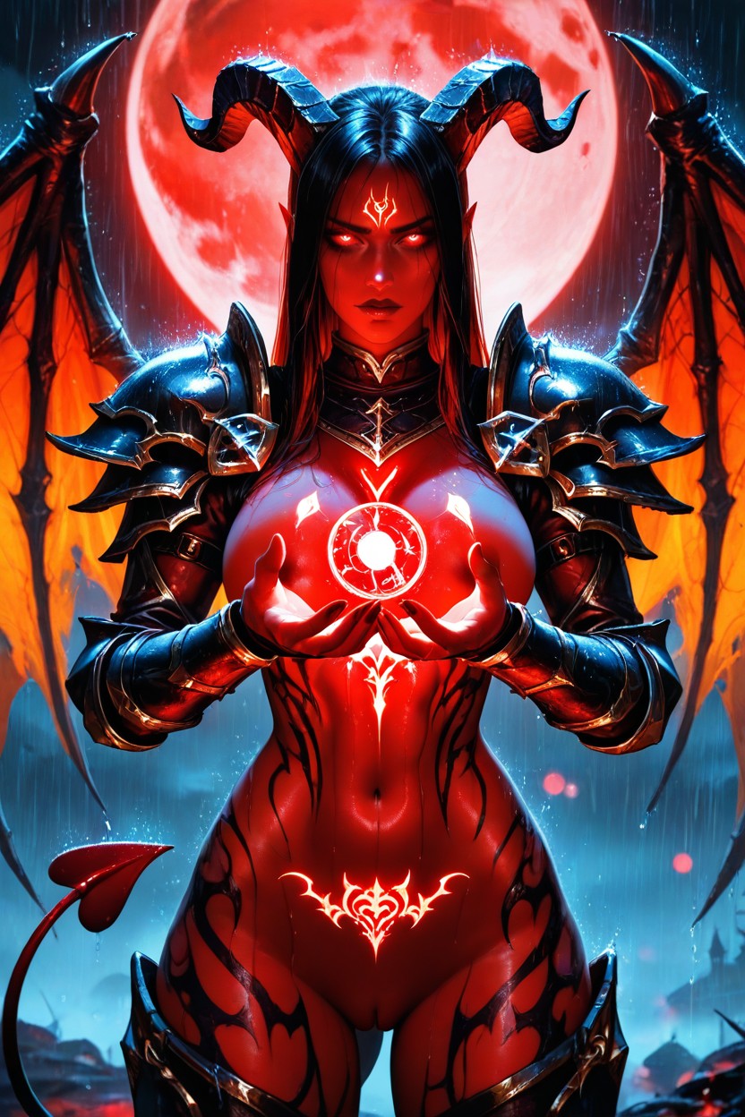 Red Energy Around Her Body, Big Moon, Ultra Detailed AI Porn