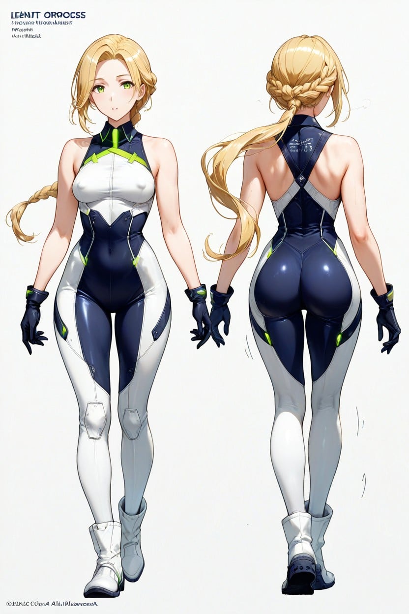 Glowing Cyan Energy Trims Running Along The Suit, Front View, Back View Porno IA Hentai