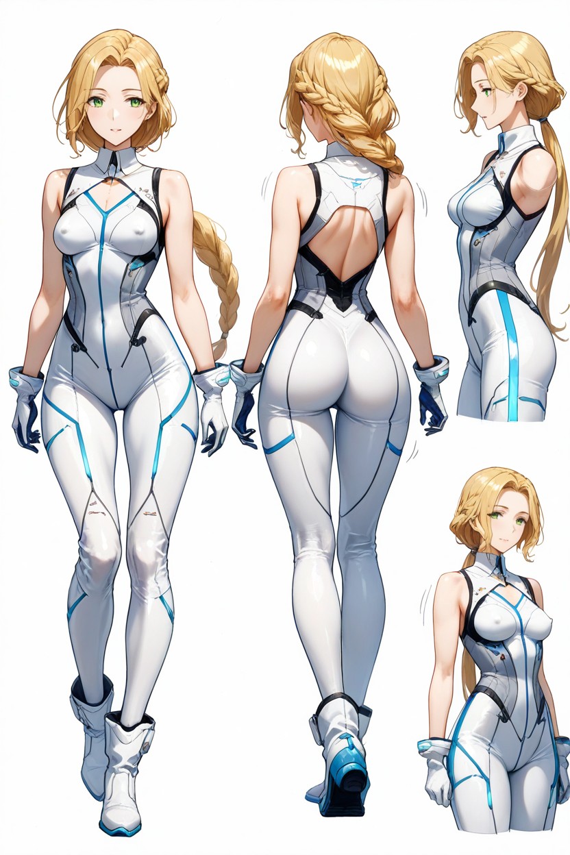 Walking, Full Body View, Glowing Cyan Energy Trims Along Bodysuit Hentai IA