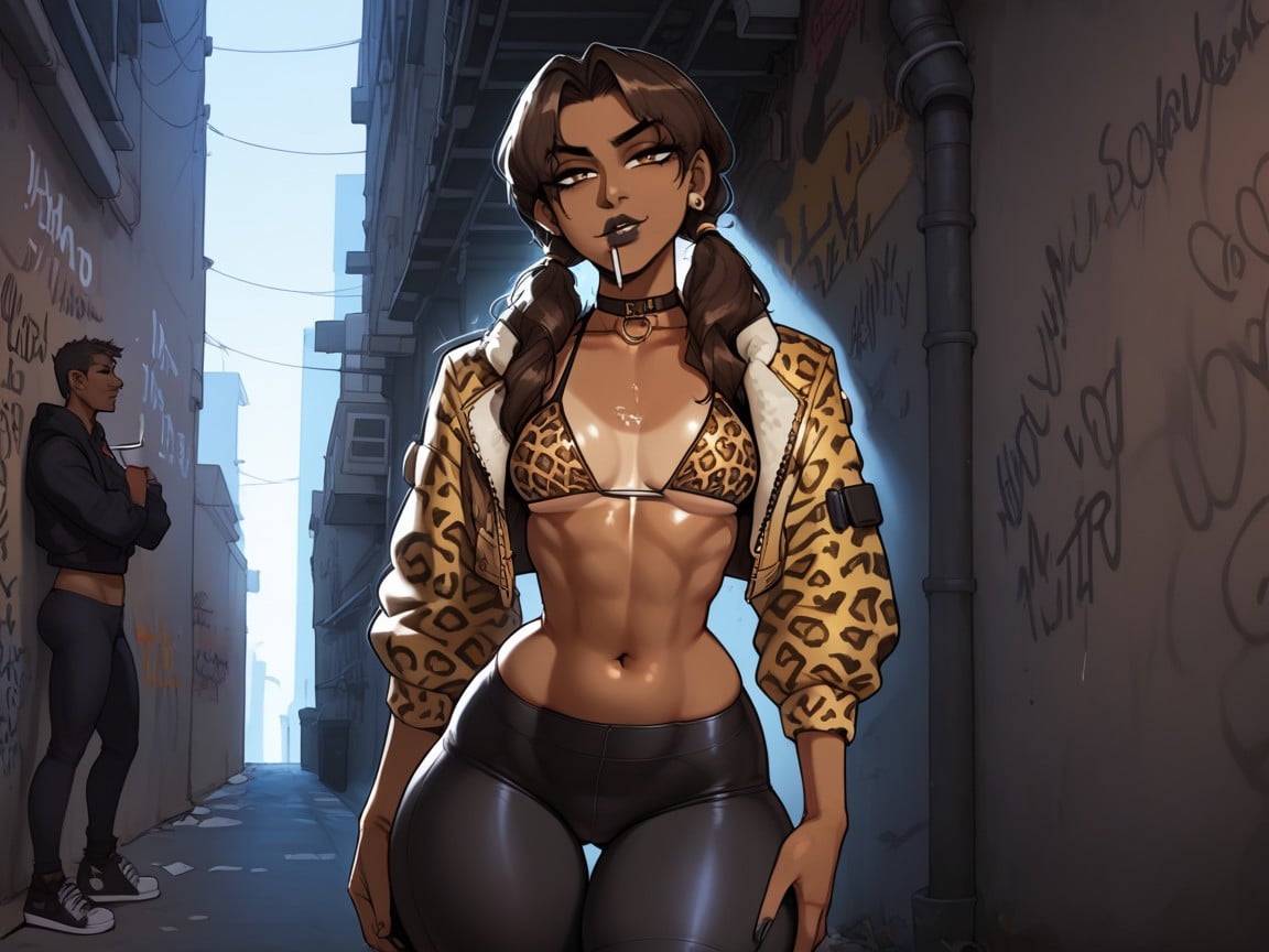 Graffiti In Distance, Mischievous Pretty Face, Leopard Print Cropped Fur Jacket Hentai AI Porn