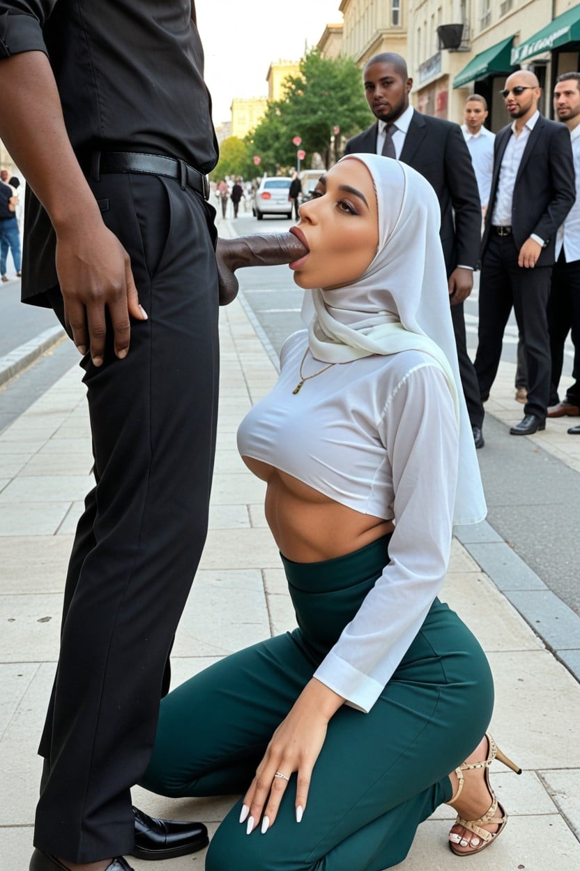 Side View, Woman Surrounded By Men, Brown Spike Heels AI Porn